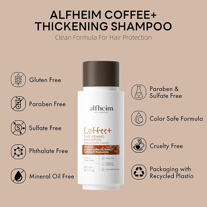 ALFHEIM Coffee+ Thickening Shampoo | Caffeine & Biotin for Hair Growth & Strength | Volumizing & Moisturizing for Fine, Thinning Hair | Sulfate-Free, Color-Safe Formula | 10.7 fl oz