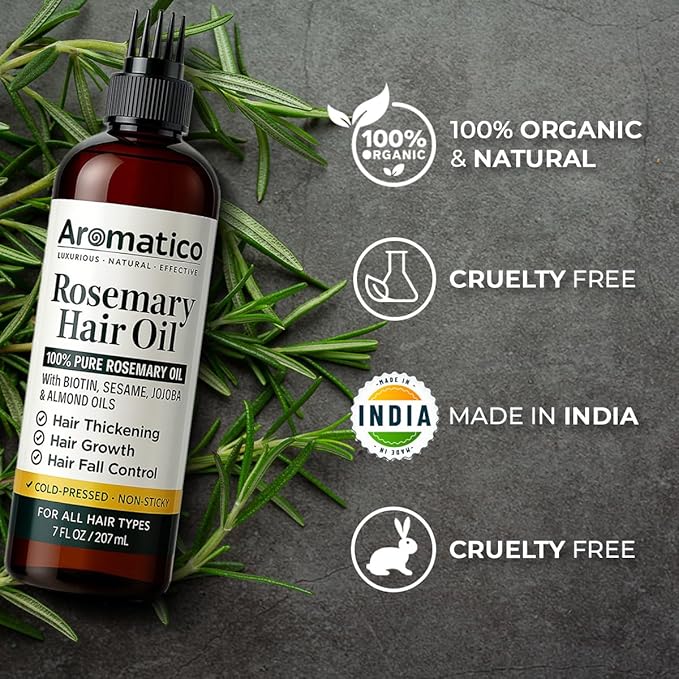 100% Pure Rosemary Oil for Hair Growth, Hair-fall Control & Hair Thickening. Enriched with Sesame, Jojoba & Almond Oils. Non-Sticky Texture. With Applicator Cap - 7 Fl Oz