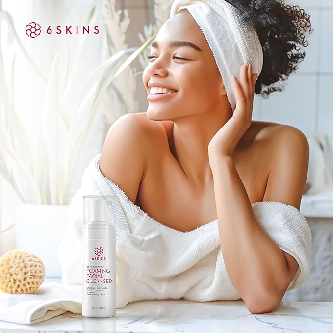 6SKINS® Pore Minimizer Foaming Facial Cleanser – Exfoliating Face Wash with Anti-Sebum P, Niacinamide & Evening Primrose | Gentle Hydrating Korean Face Wash for All Skin Types | 5.07 fl oz