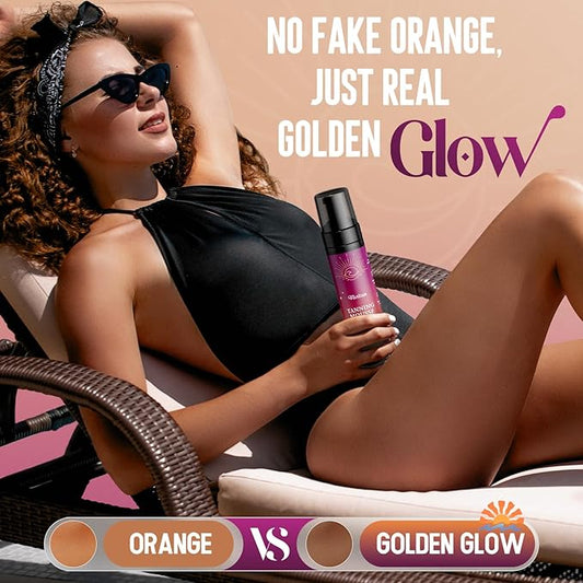 Self Tanner Mousse for Women - Medium Bronze Sunless Tanning Foam with Fake Tan Mitt & Strap, Buildable Natural Glow, Aloe Vera & Coconut, Vegan, Streak-Free, Odorless (8.5 Fl Oz)