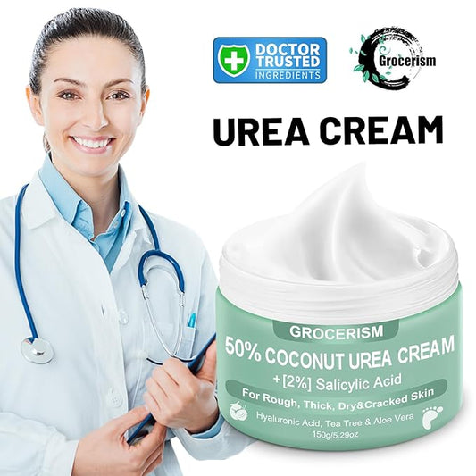 Grocerism Urea Cream 50 Percent for Feet with Coconut 5.29 oz || Foot & Hand Cream Maximum Strength with 2% Salicylic Acid, Tea Tree and Aloe Vera for Deep Moisturizing and Callus Removing