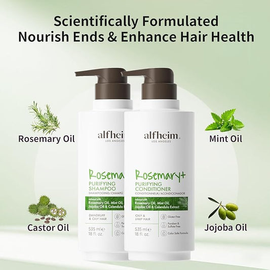 Alfheim Rosemary+ Shampoo & Conditioner Set | Rosemary & Peppermint Oil for Scalp Care & Oil Control | Jojoba & Calendula for Hydration & Shine | Sulfate-Free, Color-Safe | 18oz Each