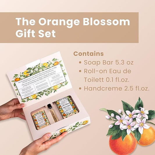 Panier des Sens - Orange Blossom Gift Set for Women - Roll On Perfume + Hand Cream + Bar Soap - Thank you, Birthday Gift for Her - Self Care Kit with 96% Natural Ingredients - Skin Care Set