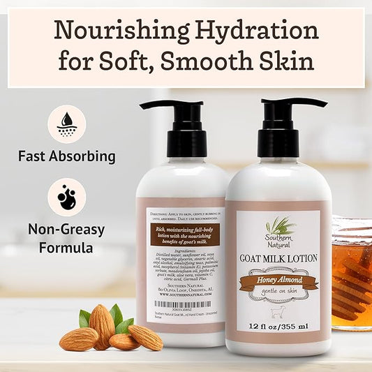 Southern Natural Goat Milk Lotion – Nourishing Face, Body & Hand Moisturizer for Dry & Sensitive Skin - Hydrating Cream, Gentle Skincare for Soft & Smooth Feel - Honey Almond Scent - 12oz