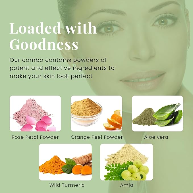 Herbal Skin Care Set | 5 powders in One Pack | Aloe vera, Amla, Orange Peel, Rose & Wild Turmeric powders | 100g Each | DIY Face Mask Powders | By Yogi's Giftยฎ