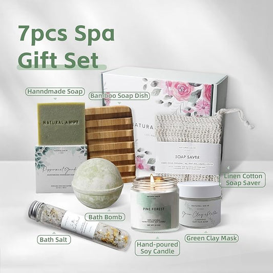 Natural Amor Cozy Spa Gifts for Women and Men,7pcs Self Care Box Including Soap Bar, Candle, Bath Bomb, Bath Salt, Thank You Gift