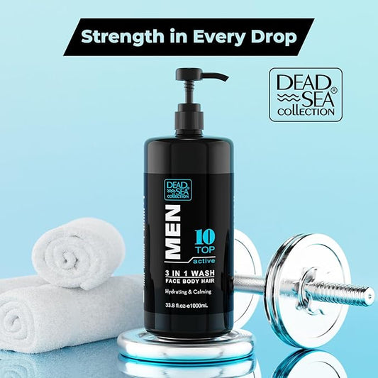 Dead Sea Collection TOP 10 ACTIVE Mens Body Wash 3 in 1 – Sandalwood Body Wash for Men – Shower Gel – Shampoo – Shower Soap for Face and Hair – Pack of 2 Bottles (33.8 Fl. Oz. Each)