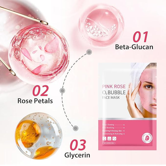 10 Sheets Pink Rose O2 Bubble Face Masks Skincare, Hydrating Moisturizing Bubble Face Masks for for All Skin Types, Sheet Masks Cleaner Foaming Purifying Facial Mask for Pores