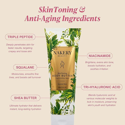 Nakery Skin Toning Body Butter for Women - Firming Body Lotion for Women - Peptide Infused Body Lotion for Crepey & Sagging Skin - Firming Lotion for Neck, Arms & Legs - Summer Rain