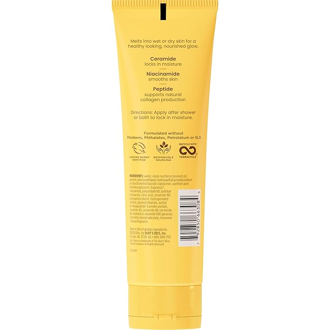 Burt's Bees Boosted Body Moisturizing Melt With a Ceramide, Niacinamide and Peptide Complex, Intense Skin Hydration, Cream-to-Oil Body Lotion Helps Support Skin Barrier, Tropical Scented, 4 oz. Tube