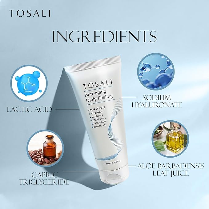 Anti Aging Daily Peeling Face Exfoliator – Peeling Gel with Hyaluronic Acid, Lactic Acid & Vitamin E, Gentle Exfoliating Gel for All Skin Types, Skin Care for Women, 6.8 Oz