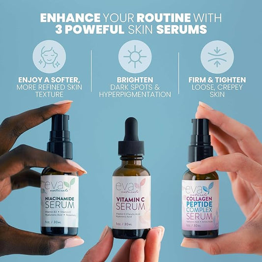 Eva Naturals Firm & Glow Serum Bundle – Vitamin C, Peptide & Niacinamide Serums – Anti-Aging Face Serum Set for Wrinkles, Glow, Pores, Hydration – Collagen Boosting Skin Care Routine
