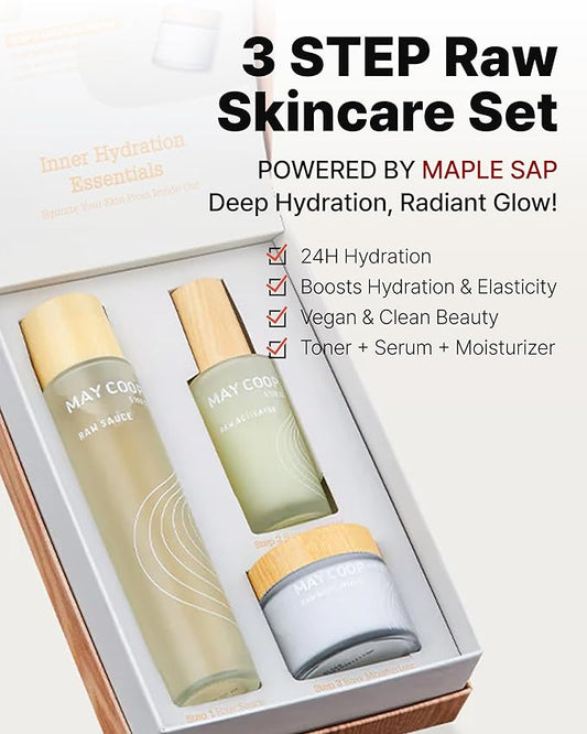 MAY COOP 3 STEP Moisturizing & Hydrating Korean Skincare Set - Essence Toner, Moisturizer Face Cream, Organic Activator Facial Serum All Skin Type