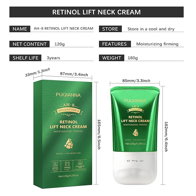 Retinol Neck Cream with Roller - AH8 Lift Firming Cream for Crepey Skin, Hyaluronic Acid Moisturizer for Face, Neck & Body, Tightening & Lifting Treatment for Wrinkles & Lines 4.23oz
