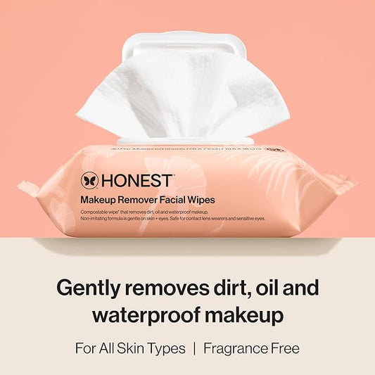 Honest Beauty Fragrance Free Cleansing Makeup Remover Facial Wipes | Plant Based, Hypoallergenic, Gentle for Sensitive Skin | 90 Count