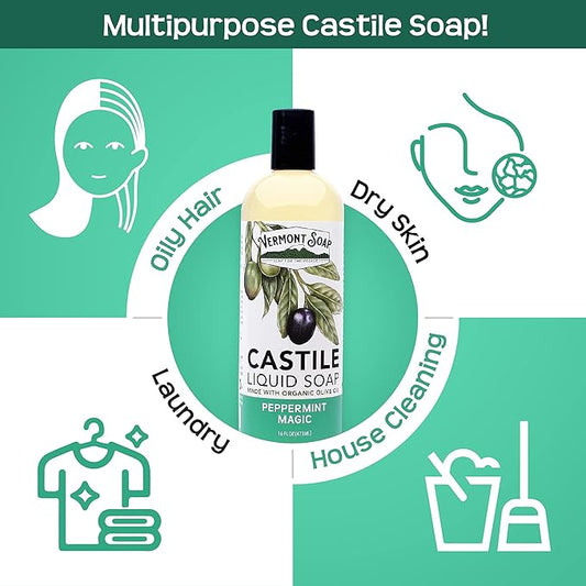 Vermont Castile Soap Peppermint, Gentle Liquid Soap for Sensitive Skin & Natural Body Wash, Organic Hair Shampoo for Oily Hair, Aloe Castile Soap for Men & Women - 16 Oz