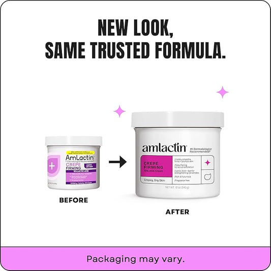 AmLactin Crepe Firming Cream - 12 oz Body Cream with 15% Lactic Acid - Exfoliator and Moisturizer for Crepey, Dry Skin (Packaging May Vary)