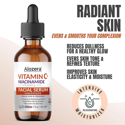 Alozera Vitamin C Facial Serum with Niacinamide & Ferulic Acid, Anti-Aging Serum for Visible Brightening, Glowing & Radiant Skin, Concentrated, Gentle & Effective, Day & Night