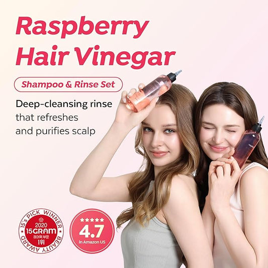 A’PIEU Raspberry Vinegar Hair Care Set – Shampoo (16.9 fl oz) + Hair Vinegar Rinse (6.76 fl oz) | Clarifying & pH Balancing Scalp Treatment, Removes Buildup, Soothes & Refreshes, Korean Hair Care