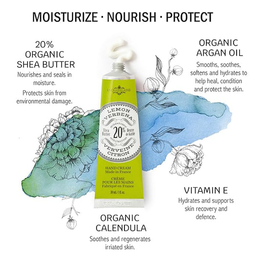 La Chatelaine 20% Shea Butter Hand Cream Travel Size, Organic Argan Oil, Moisturizing, Nourishing, Repairing, Extra-Rich Hand Lotion, Made in France, Paraben Free, 1 oz / 30ml (Lemon Verbena)