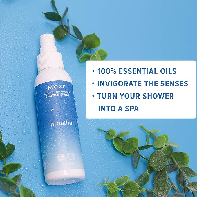 MOXĒ Breathe Eucalyptus & Peppermint Shower Mist, Spa Steam Spray, Certified Natural 100% Essential Oils, Made in USA, Aromatherapy, Sinus Congestion Relief, 4 Ounces