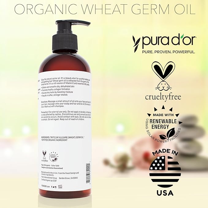 PURA D'OR 16 Oz ORGANIC Wheat Germ Oil - 100% Pure & Natural USDA Certified Cold Pressed Carrier Oil - Vitamin E Rich, Moisturizing & Nourishing Anti-Aging Properties - Healthy Hair Growth & Skincare