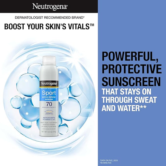 Neutrogena Sport Active Defense SPF 70 Sunscreen Spray, Sweat & Water Resistant Spray Sunscreen with Broad Spectrum Protection for Sunburn Prevention, Oxybenzone-Free, Twin Pack, 2 x 5 oz