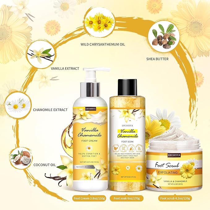 LUCOTIYA Foot Soak Set Pedicure Kit, Vanilla chamomile Foot Soak Salts,Foot File,Foot Scrub & Urea Foot Cream,Pedicure Supplies for Dry Cracked Feet for Women