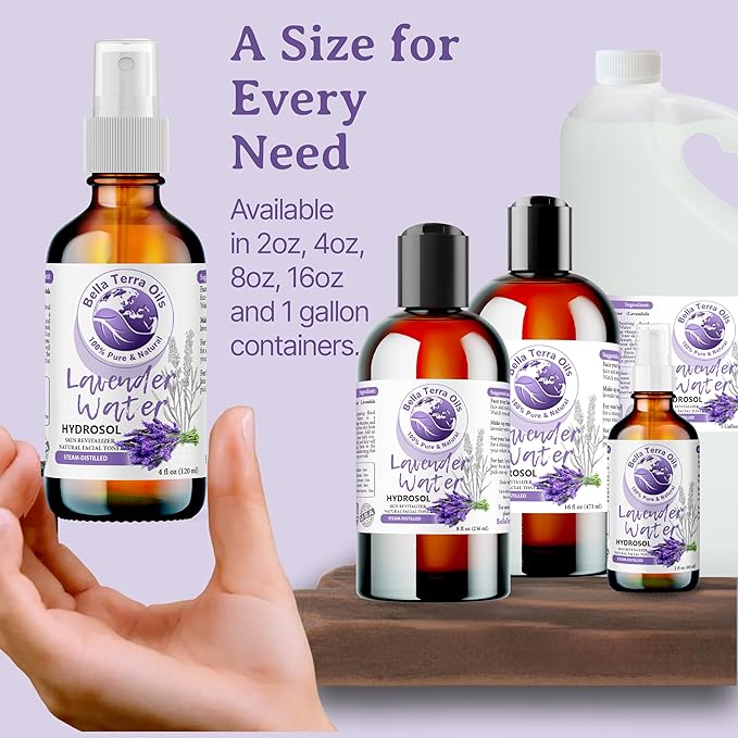 Bella Terra Oils - Lavender Water Spray 8 oz - Steam-Distilled Perfection, Bursting with Vitamin K & Omega-9, Elevate Your Skin Refreshment Routine