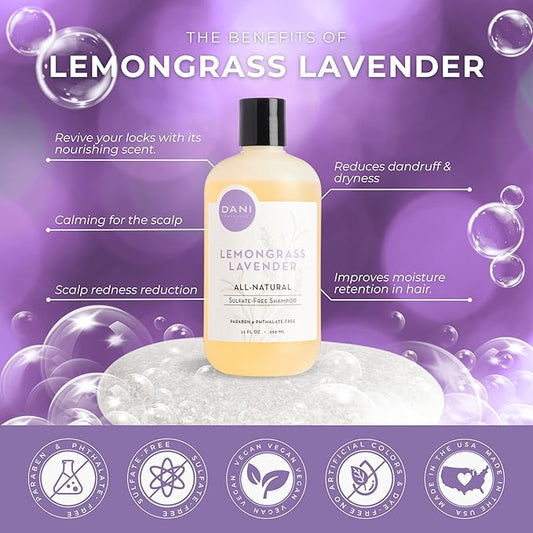 DANI Naturals Shampoo - Lemongrass Lavender - Calming for the scalp; Scalp redness reduction; Reduces dandruff & dryness, 12 oz