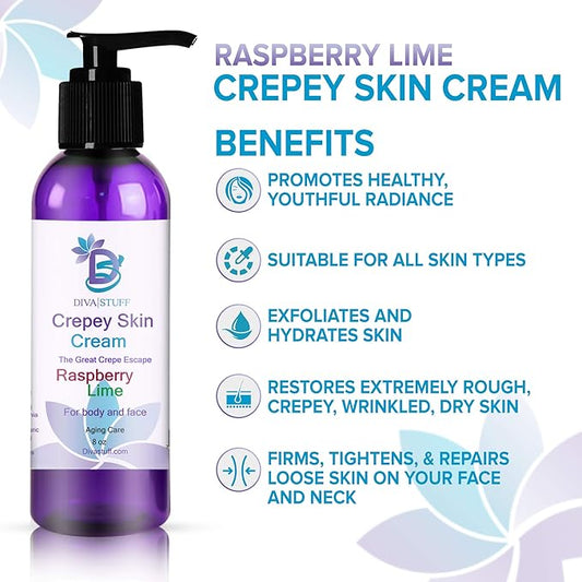 Diva Stuff Crepey Skin Cream Raspberry Lime | Anti-Aging Deep Moisturizer | Reduces Wrinkles & Fine lines | Increases Elasticity, Firmness & Collagen Production | Face & Body Lotion (8 oz)