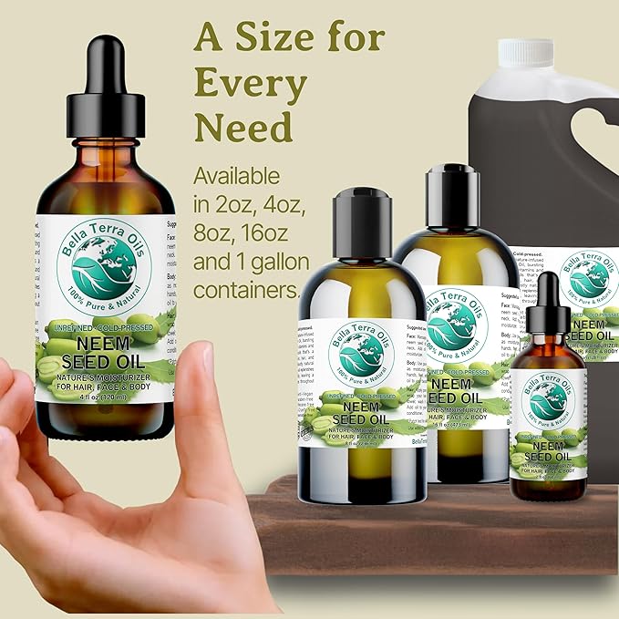 Bella Terra Oils - Organic Neem Seed Oil 16 oz - Authentic Cold-Pressed Process, Filled with Palmitic Acid & Omega-9 Fatty Acids, Ideal for Daily Skin Routine