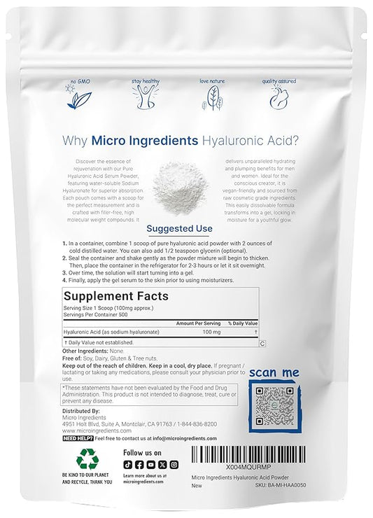 Micro Ingredients Hyaluronic Acid Serum Powder, 50 Grams | Low Molecular Weight, Cosmetics Grade | Skin Hydration and Moisture Support Supplements | Vegan, Water Soluble (Within 2 Hours)