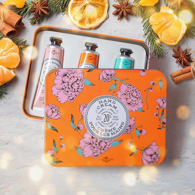 La Chatelaine Hand Cream Trio Tin, Gifts for Mom, Natural Hand Lotion Gift Set, Made in France with 20% Organic Shea Butter, Nourishing & Moisturizing (Gardenia, Orange Blossom, Oud Rose) 3 x 1 fl. oz