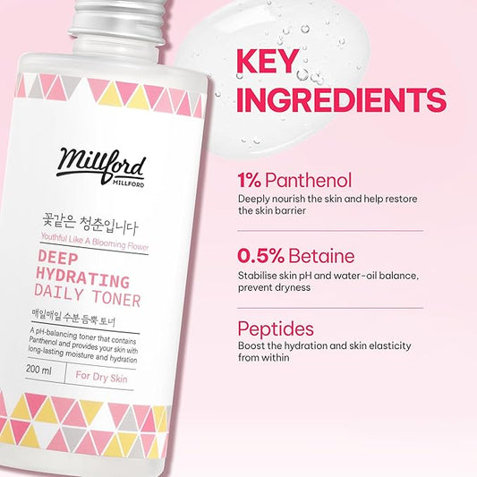 Deep Hydrating Daily Toner 6.76 Oz, 200ml, Moisturizing Toner, Alcohol Free, Fragrance Free, pH Balance, Panthenol, Betaine, Vitamin B5, Korean Skincare
