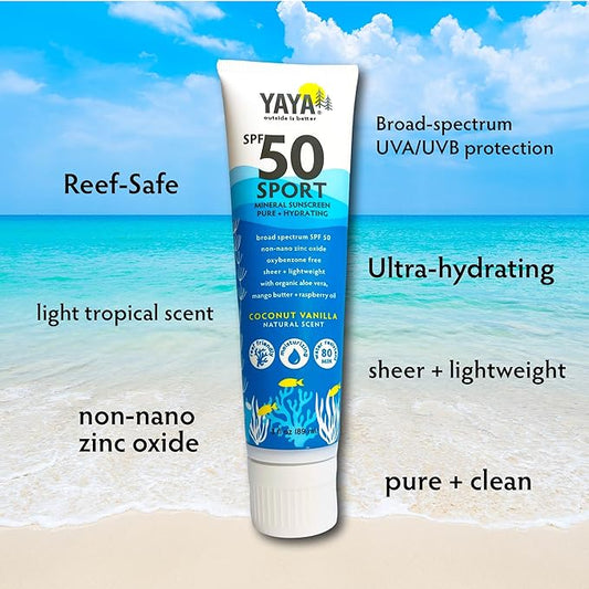 YAYA ORGANICS Sport Mineral Sunscreen Lotion, SPF 50, Reef-Friendly, Non-Nano Zinc Oxide, Water-Resistant, Pure + Hydrating, 3 oz