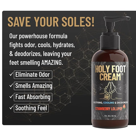 Derm Dude Holy Foot Cream for Dry Cracked Heels and Feet | Moisturizing Lotion Formulated w/All-Natural DeoPlex for Odor Control & Arrowroot for Deep Hydration - Strawberry Lollipop Scent 4oz (1pack)