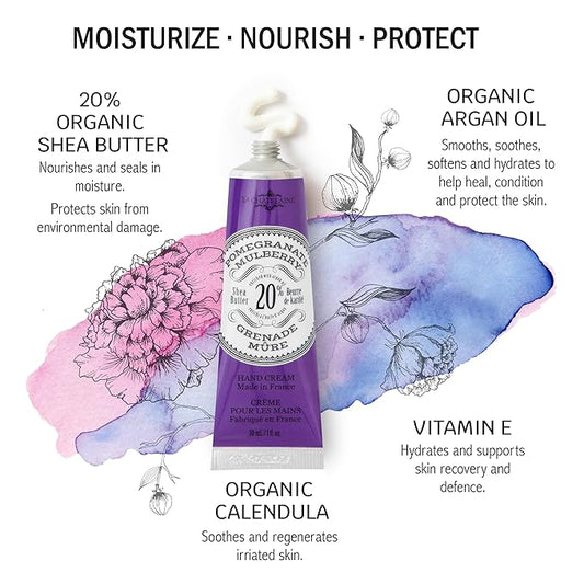 La Chatelaine 20% Shea Butter Hand Cream Travel Size, Organic Argan Oil, Moisturizing, Nourishing, Repairing, Extra-Rich Hand Lotion, Made in France, Paraben Free, 1 oz / 30ml (Pomegranate Mulberry)