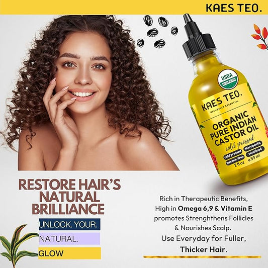 Organic Castor Oil 100% Pure Cold Pressed 2 Fl Oz Extra Virgin Unrefined Hexane Free - USDA Certified Organic, Golden Castor oil for Face, Skin, Hair, Eyebrows - Boost Hair Growth