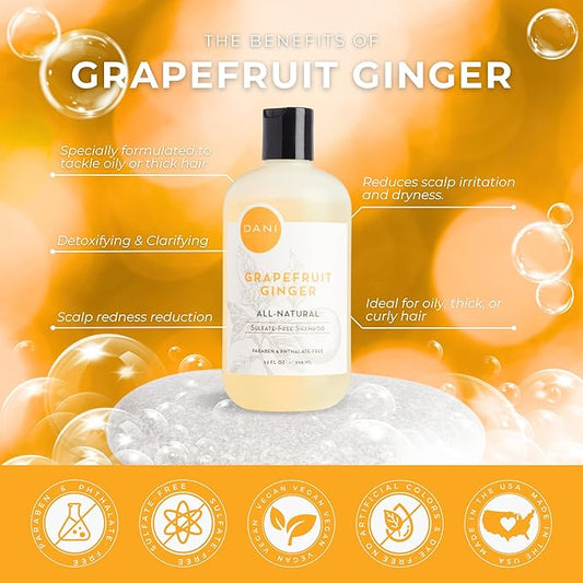 DANI Naturals Sulfate-Free Shampoo - Grapefruit Ginger – Detoxifying & Clarifying Formula for Oily, Thick & Curly Hair, 12 oz – Nourishing, Vegan, & Color-Safe