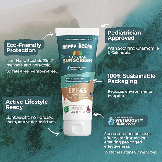 SPF 45 Reef Safe Mineral Sunscreen for Kids & Sensitive Skin with Non-Nano Zinc Oxide, Non Toxic Kids Sunscreen for Face & Body, Natural Organic Sunblock, Travel Size, Vegan 2.5 Fl Oz