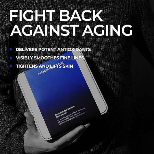 HOMMEFACE Men’s Advanced Age Defense 3-Piece Anti-Aging Skincare Set - Facial Serum, Eye Cream & Face Cream - Korean Skincare Technology with Volufiline, Ceramide, Hyaluronic Acid & Peptides