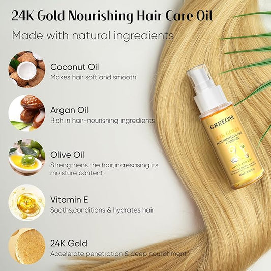24K Gold Argan, Coconut, and Olive Oil Serum for Frizz Control, Shine, and Split End Repair - Nourishing Hair Treatment with Vitamin E, 2.02 fl oz, 60ml