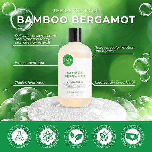 DANI Naturals Shampoo - Bamboo Bergamot is a sulfate-free, vegan, and organic shampoo that deeply hydrates and nourishes dry and curly hair, leaving it soft, smooth, and manageable.