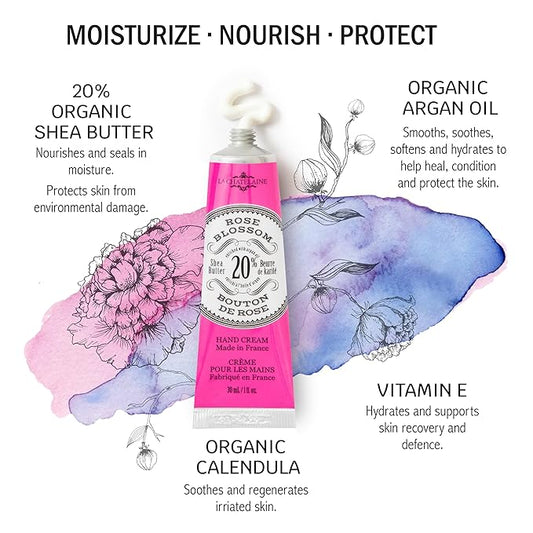 La Chatelaine 20% Shea Butter Hand Cream Travel Size, Organic Argan Oil, Moisturizing, Nourishing, Repairing, Extra-Rich Hand Lotion, Made in France, Paraben Free, 1 oz / 30ml (Rose Blossom)