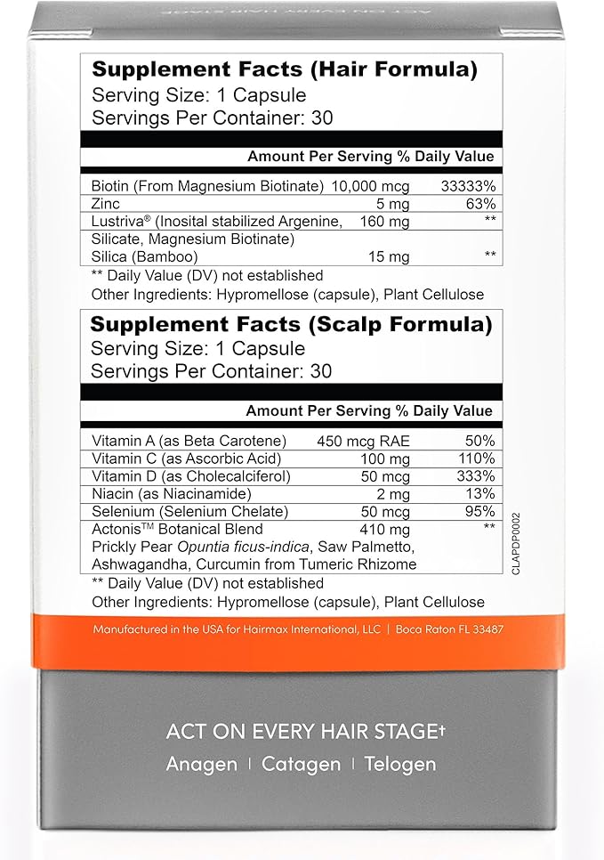 Women & Men Hair Growth Supplement, Hair + Scalp Dual Action Nutraceutical, Lustriva™ + Biotin, Men & Women Thinning Hair Supplement, Saw Palmetto, 1 Month Supply