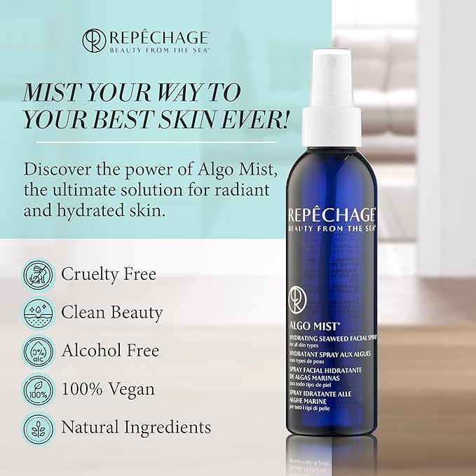 Repechage Algo Mist Hydrating Seaweed Facial Spray for All Skin Types - Hydrating Face Mist Travel Size, Aloe and Vitamin C Infused Keeps Skin Glowing, Hydrated, Refreshed and Nourished, 2 fl oz.