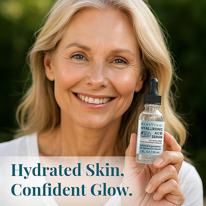 RemeVerse Hyaluronic Acid Serum - 100% Pure Formulation for Face, Lips & Décolleté - Intense Moisture for Dry Skin & Fine Lines - Wrinkle-Reducing Formula for a Youthful & Plump Appearance, 1 oz