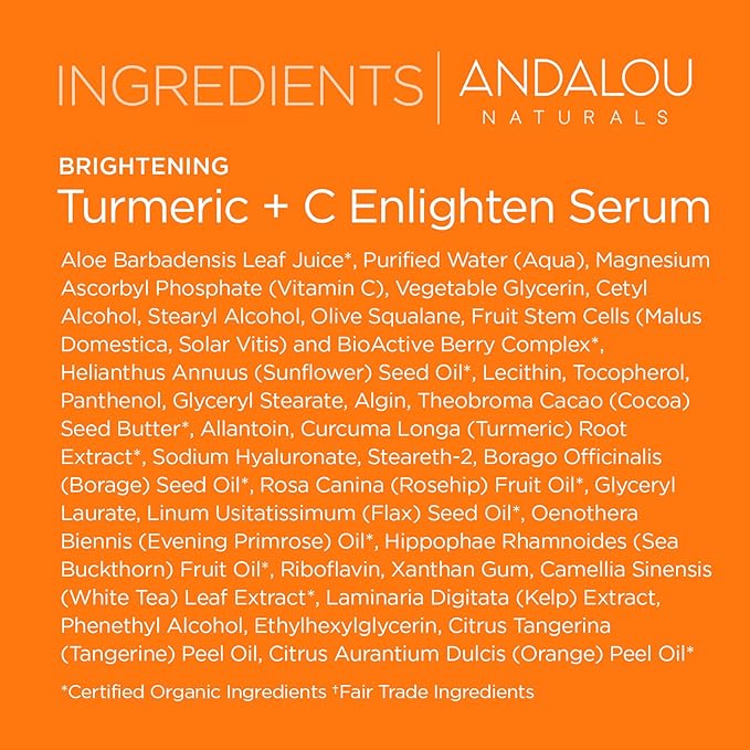 Andalou Naturals Turmeric + Vitamin C Enlighten Serum | Illuminating Face Treatment for Uneven Tone & Sun Damage | With Turmeric and Fruit Stem Cells | 1.1 fl oz