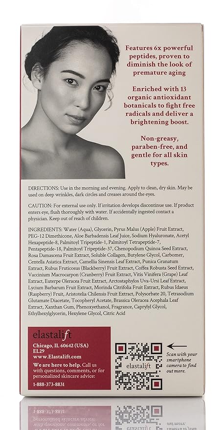Elastalift Peptide Facial Serum Moisturizer Skin Care Oil For Face, Wrinkles, Fine Lines, & Puffiness. Moisturizing 6X Peptide Concentrate Serum W/Collagen Plumps, Lifts, Evens Skin Tone, 1.75 Fl Oz
